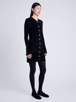 Proenza Schouler Side full length image of model wearing Lucille Cardigan in Chenille in BLACK