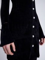 Proenza Schouler Detail image of model wearing Lucille Cardigan in Chenille in BLACK