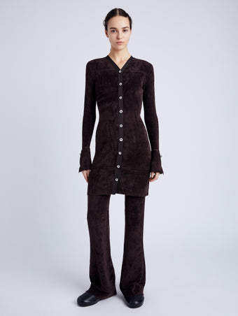Proenza Schouler Front full length image of model wearing Lucille Cardigan in Chenille in HICKORY