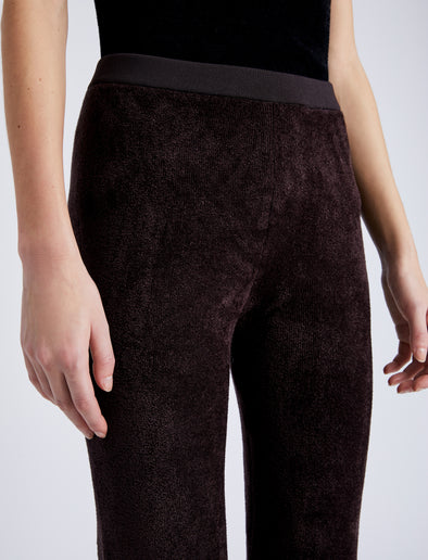 Proenza Schouler detail image of model wearing Evie Knit Pant in Chenille in HICKORY