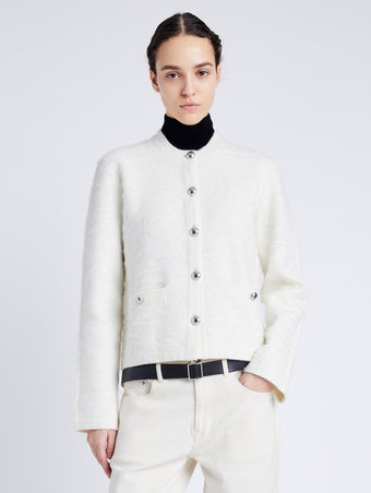 Proenza Schouler cropped front image of model wearing Josephine Jacket in Brushed Knit in EGGSHELL