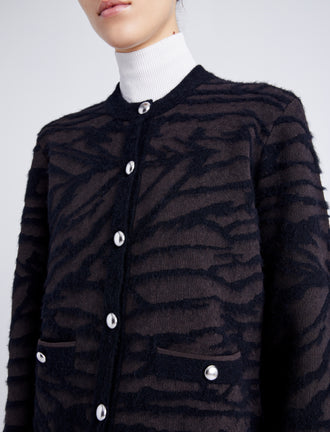 Proenza Schouler detail image of model wearing Josephine Jacket in Brushed Knit in HICKORY/BLACK
