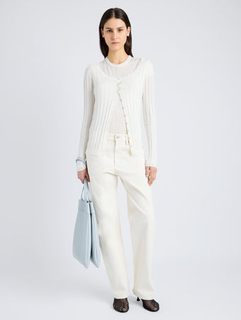Proenza Schouler Front full length image of model wearing Hattie Cardigan in Lightweight Cashmere in IVORY