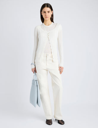 Proenza Schouler Front full length image of model wearing Hattie Cardigan in Lightweight Cashmere in IVORY