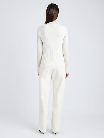 Proenza Schouler Back full length image of model wearing Hattie Cardigan in Lightweight Cashmere in IVORY