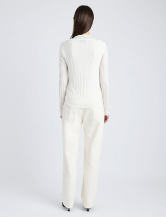 Proenza Schouler Back full length image of model wearing Hattie Cardigan in Lightweight Cashmere in IVORY