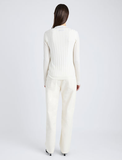 Proenza Schouler Back full length image of model wearing Hattie Cardigan in Lightweight Cashmere in IVORY