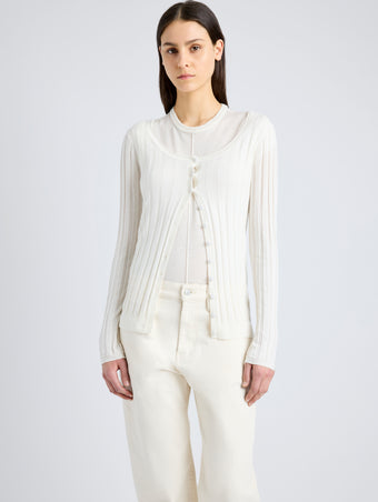 Proenza Schouler Detail image of model wearing Hattie Cardigan in Lightweight Cashmere in IVORY
