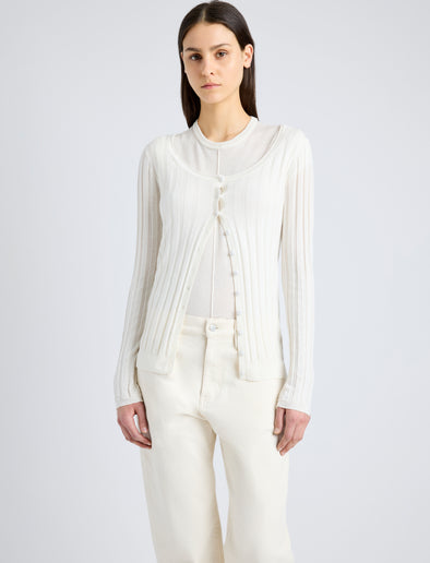 Proenza Schouler Detail image of model wearing Hattie Cardigan in Lightweight Cashmere in IVORY