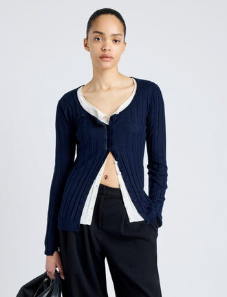 Proenza Schouler Front cropped image of model wearing Hattie Cardigan in Lightweight Cashmere in NAVY