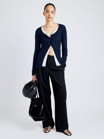 Proenza Schouler Front full length image of model wearing Hattie Cardigan in Lightweight Cashmere in NAVY