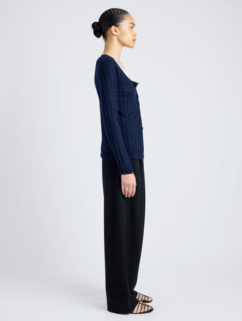 Proenza Schouler Side full length image of model wearing Hattie Cardigan in Lightweight Cashmere in NAVY