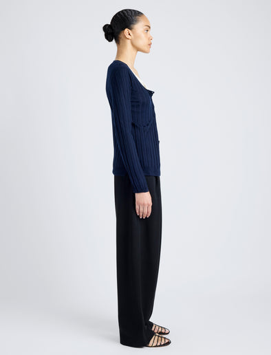Proenza Schouler Side full length image of model wearing Hattie Cardigan in Lightweight Cashmere in NAVY