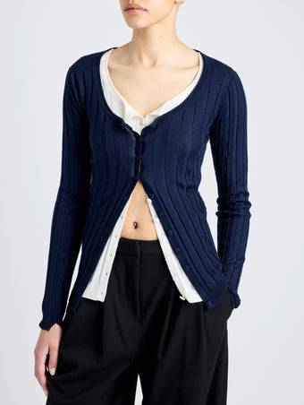 Proenza Schouler Detail image of model wearing Hattie Cardigan in Lightweight Cashmere in NAVY