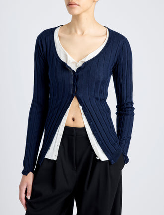 Proenza Schouler Detail image of model wearing Hattie Cardigan in Lightweight Cashmere in NAVY