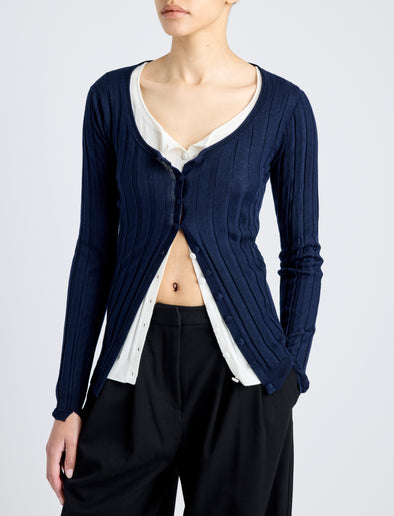 Proenza Schouler Detail image of model wearing Hattie Cardigan in Lightweight Cashmere in NAVY