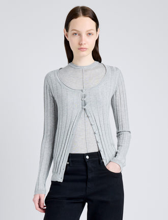 Proenza Schouler Front cropped image of model wearing Hattie Cardigan in Lightweight Cashmere in FOGGY