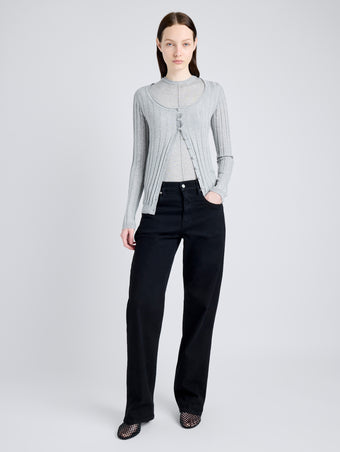 Proenza Schouler Front full length image of model wearing Hattie Cardigan in Lightweight Cashmere in FOGGY