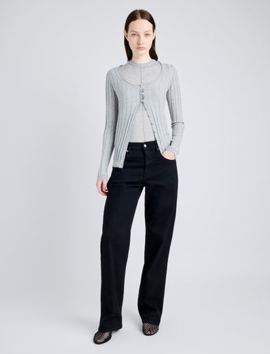 Proenza Schouler Front full length image of model wearing Hattie Cardigan in Lightweight Cashmere in FOGGY