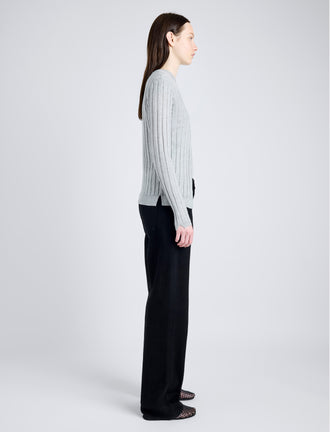 Proenza Schouler Side full length image of model wearing Hattie Cardigan in Lightweight Cashmere in FOGGY