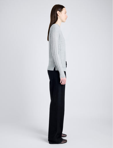 Proenza Schouler Side full length image of model wearing Hattie Cardigan in Lightweight Cashmere in FOGGY