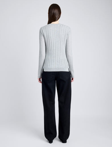 Proenza Schouler Back full length image of model wearing Hattie Cardigan in Lightweight Cashmere in FOGGY