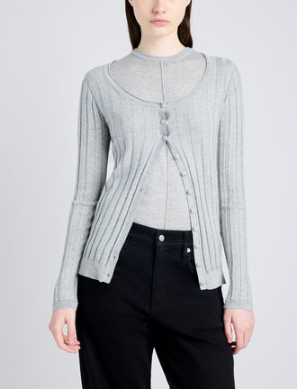Proenza Schouler Detail image of model wearing Hattie Cardigan in Lightweight Cashmere in FOGGY