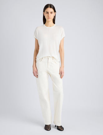 Proenza Schouler Front full length image of model wearing Ares Shirt in Lightweight Cashmere in IVORY