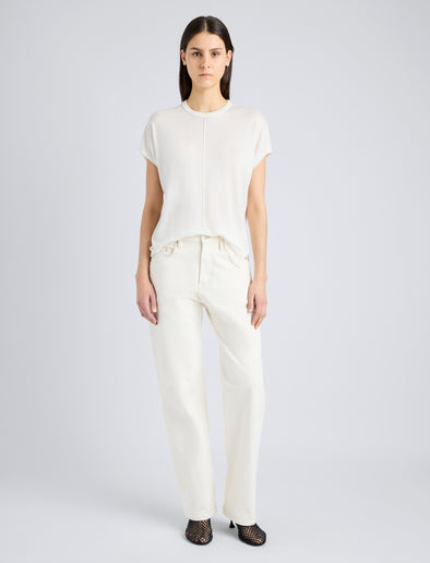 Proenza Schouler Front full length image of model wearing Ares Shirt in Lightweight Cashmere in IVORY