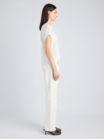 Proenza Schouler Side full length image of model wearing Ares Shirt in Lightweight Cashmere in IVORY