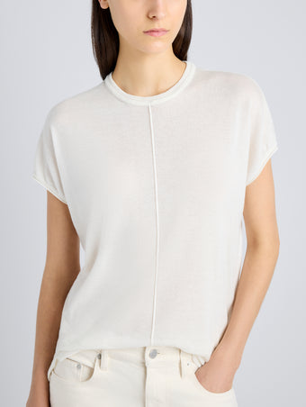 Proenza Schouler Detail image of model wearing Ares Shirt in Lightweight Cashmere in IVORY