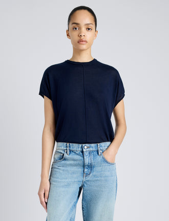 Proenza Schouler Front cropped image of model wearing Ares Shirt in Lightweight Cashmere in NAVY