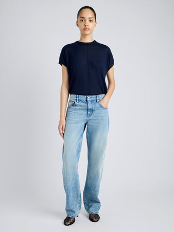 Proenza Schouler Front full length image of model wearing Ares Shirt in Lightweight Cashmere in NAVY