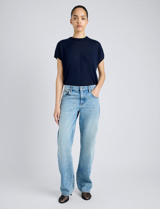Proenza Schouler Front full length image of model wearing Ares Shirt in Lightweight Cashmere in NAVY