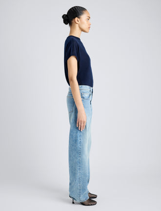 Proenza Schouler Side full length image of model wearing Ares Shirt in Lightweight Cashmere in NAVY