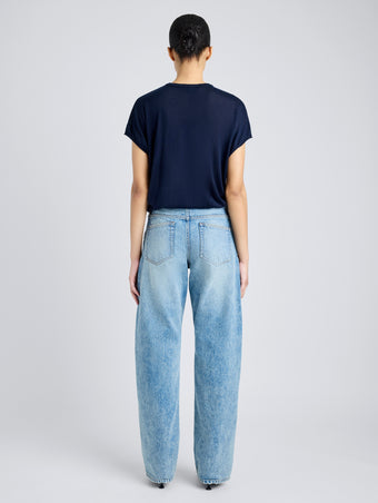 Proenza Schouler Back full length image of model wearing Ares Shirt in Lightweight Cashmere in NAVY