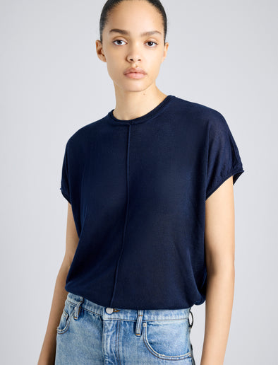 Proenza Schouler Detail image of model wearing Ares Shirt in Lightweight Cashmere in NAVY