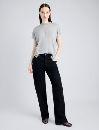 Proenza Schouler Front full length image of model wearing Ares Shirt in Lightweight Cashmere in FOGGY