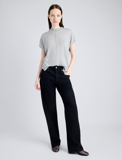 Proenza Schouler Front full length image of model wearing Ares Shirt in Lightweight Cashmere in FOGGY