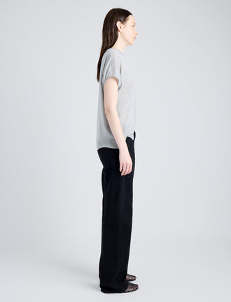 Proenza Schouler Side full length image of model wearing Ares Shirt in Lightweight Cashmere in FOGGY