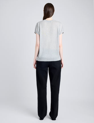 Proenza Schouler Back full length image of model wearing Ares Shirt in Lightweight Cashmere in FOGGY