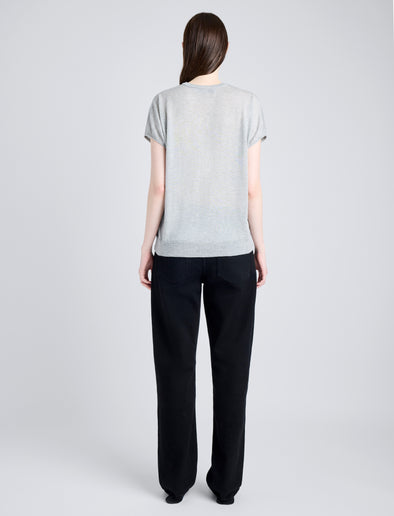 Proenza Schouler Back full length image of model wearing Ares Shirt in Lightweight Cashmere in FOGGY