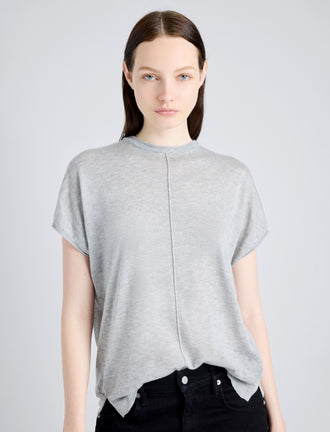 Proenza Schouler Detail image of model wearing Ares Shirt in Lightweight Cashmere in FOGGY
