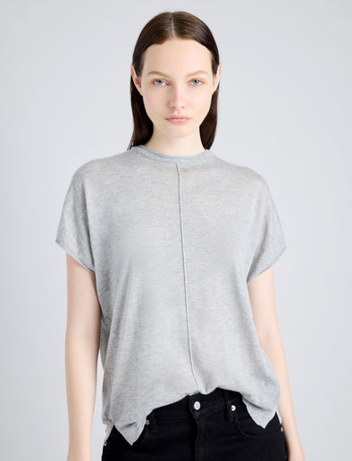 Proenza Schouler Detail image of model wearing Ares Shirt in Lightweight Cashmere in FOGGY