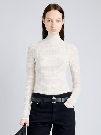 Proenza Schouler Front cropped image of model wearing Stefanie Sweater in Plaid Knits in ALABASTER