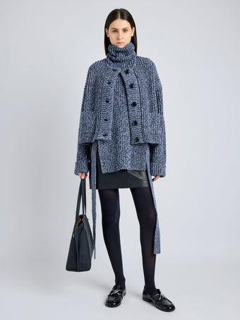 Proenza Schouler Front full length image of model wearing Azura Sweater in Moulinex Knits in INK MELANGE