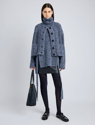 Proenza Schouler Front full length image of model wearing Azura Sweater in Moulinex Knits in INK MELANGE