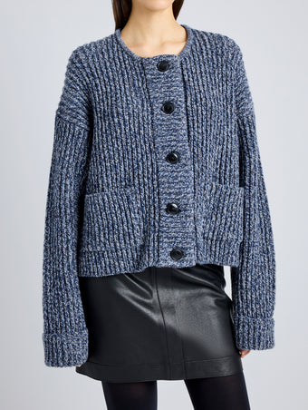 Proenza Schouler Detail image of model wearing Azura Sweater in Moulinex Knits in INK MELANGE