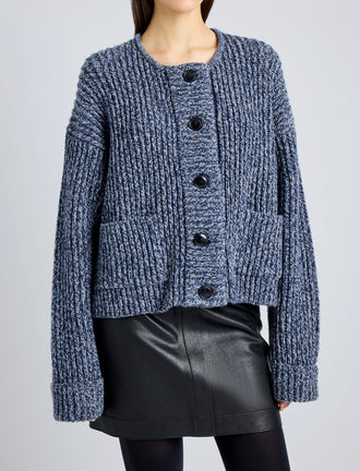 Proenza Schouler Detail image of model wearing Azura Sweater in Moulinex Knits in INK MELANGE
