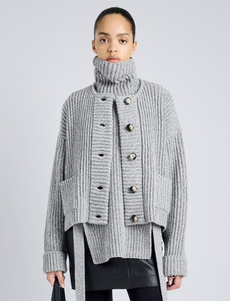 Proenza Schouler Front cropped image of model wearing Azura Sweater in Moulinex Knits in PEBBLE MELANGE